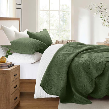 IR Imperial Rooms King Quilt Bedding Set Olive Green Bedspread Coverlet Soft Microfiber Lightweight All-Season Quilts Comforter, Ultrasonic Embossed Floral Pattern, Scalloped Edge, 3 Piece 106x96in