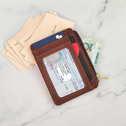 CATCH ON Small Wallet Women & Men, Slim Minimalist Faux Leather Front Pocket Credit Card Holder With Zipper Pocket (brown)