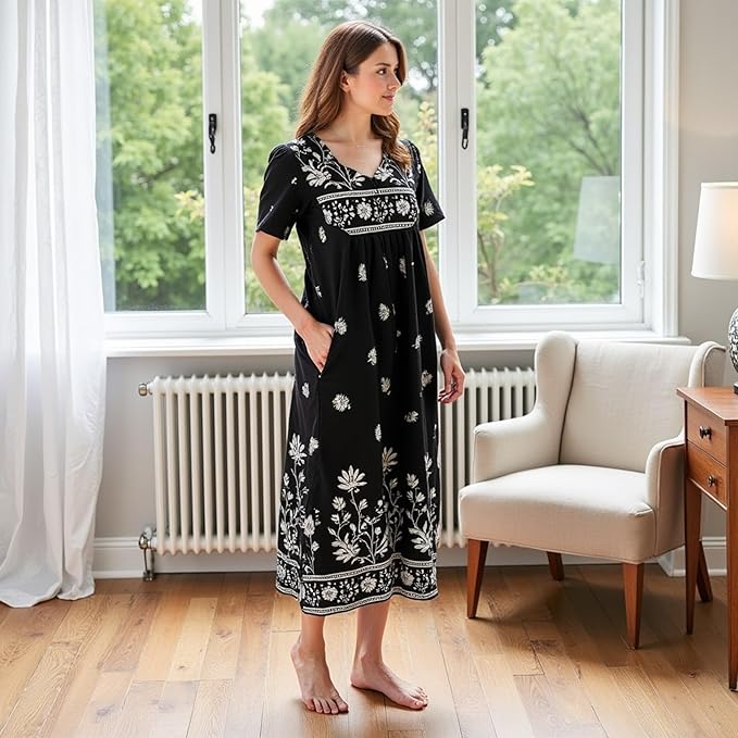 Loungees Short Sleeve Black Monotone Lounger House Dress Caftan - 3 Button Bib Yoke and Pockets