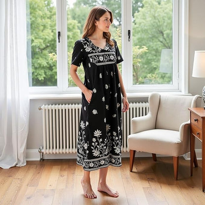 Loungees Short Sleeve Black Monotone Lounger House Dress Caftan - 3 Button Bib Yoke and Pockets
