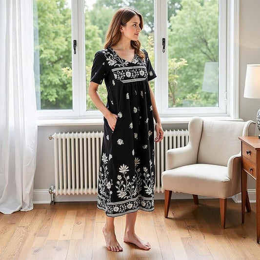 Loungees Short Sleeve Black Monotone Lounger House Dress Caftan - 3 Button Bib Yoke and Pockets