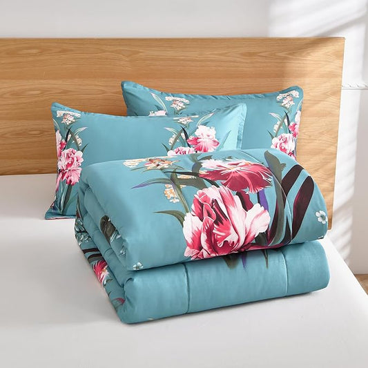 Shatex (86x82Inch 3 Piece Full Size Comforter Set Blue All Season Bedding Botanical Teal Floral - Ultra Soft 100 PolyesterAi 1 Full Comforter with 2 Pillow Shams(20x26Inch)