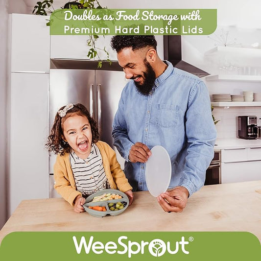 WeeSprout Suction Plates with Lids for Babies & Toddlers - 100% Silicone, Dinnerware Stays Put, Divided Design for Picky Eaters, Microwave & Dishwasher Friendly, 3 Pack