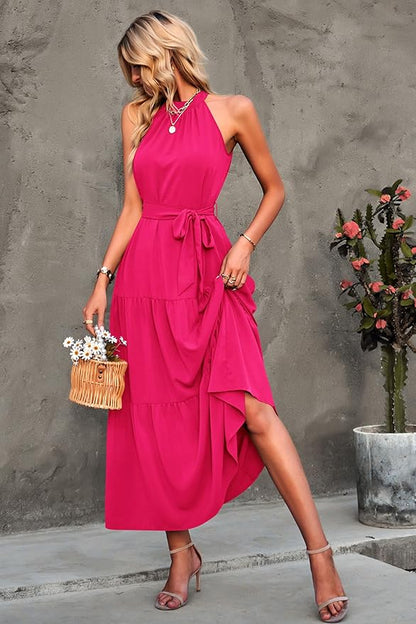 PRETTYGARDEN Women's Summer Floral Maxi Sun Dress Sleeveless Halter Neck Flowy Ruffle Hem Long Boho Dresses with Belt