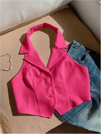 SOLY HUX Women's Halter V Neck Vest Button Down Backless Crop Tank Tops Sleeveless Blazer Waistcoat
