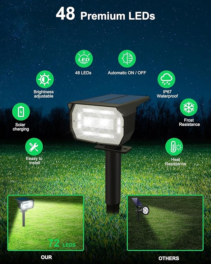 LOTMOS Solar outdoor spotlights 1 pack72 LED3 modes 2 in 1 solar landscape spotlights, automatic switch-off IP67 waterproof wall lights for front door, backyard,