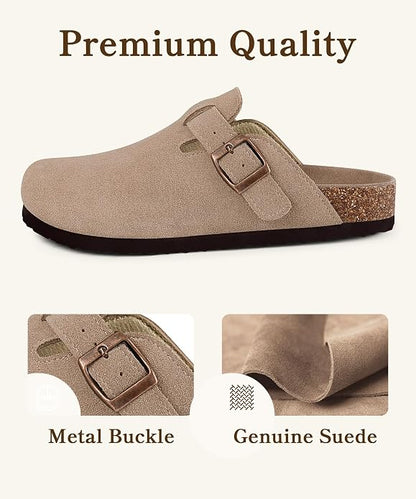 These genuine suede clogs from ODOLY feature a soft cork footbed, arch support, and an adjustable buckle for all-day comfort and a fashionable look.