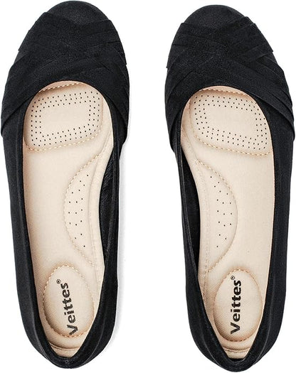 Bow Black Veittes Women's Wide Width Dress Round Toe Ballet Flats | Wide Flats for Women Slip On Comfortable Casual Office Business Work