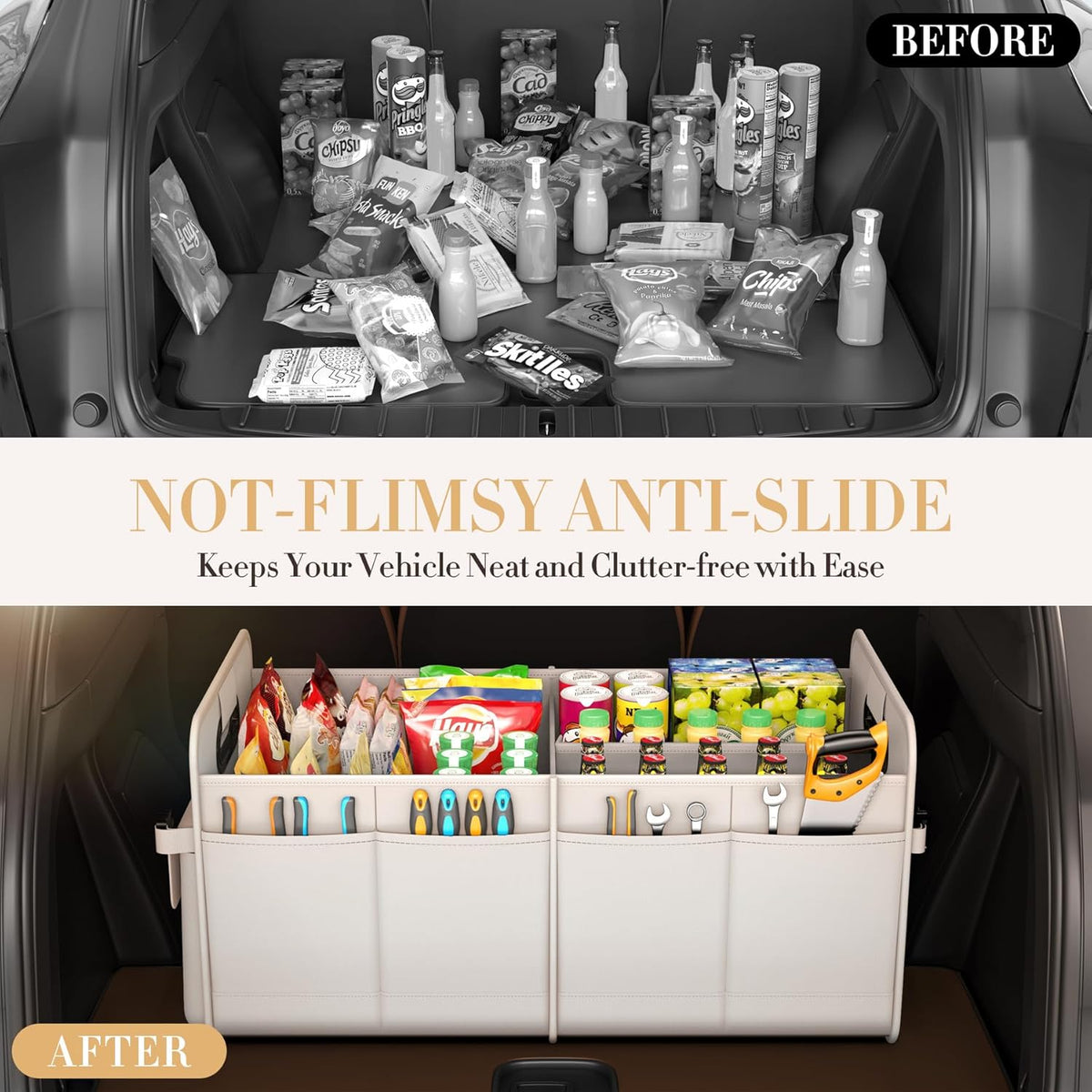 Trunk Organizer For Suv & Sedan,Car Organizers and Storage, Waterproof Collapsible & Adjustable Straps,70L Sturdy Car Organization for Car Accessories, Tools,Sundries,2-3Compartment?Green)