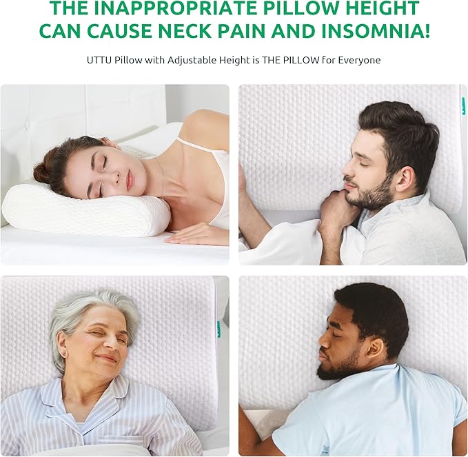 UTTU Cervical Pillow for Neck Strain Relief, Memory Foam Neck Pillow for Sleeping, Contour Cooling Pillow for Side Sleeper, Adjustable Orthopedic Sandwich Pillow, Queen(23.6"o14"o4.7"3.9")