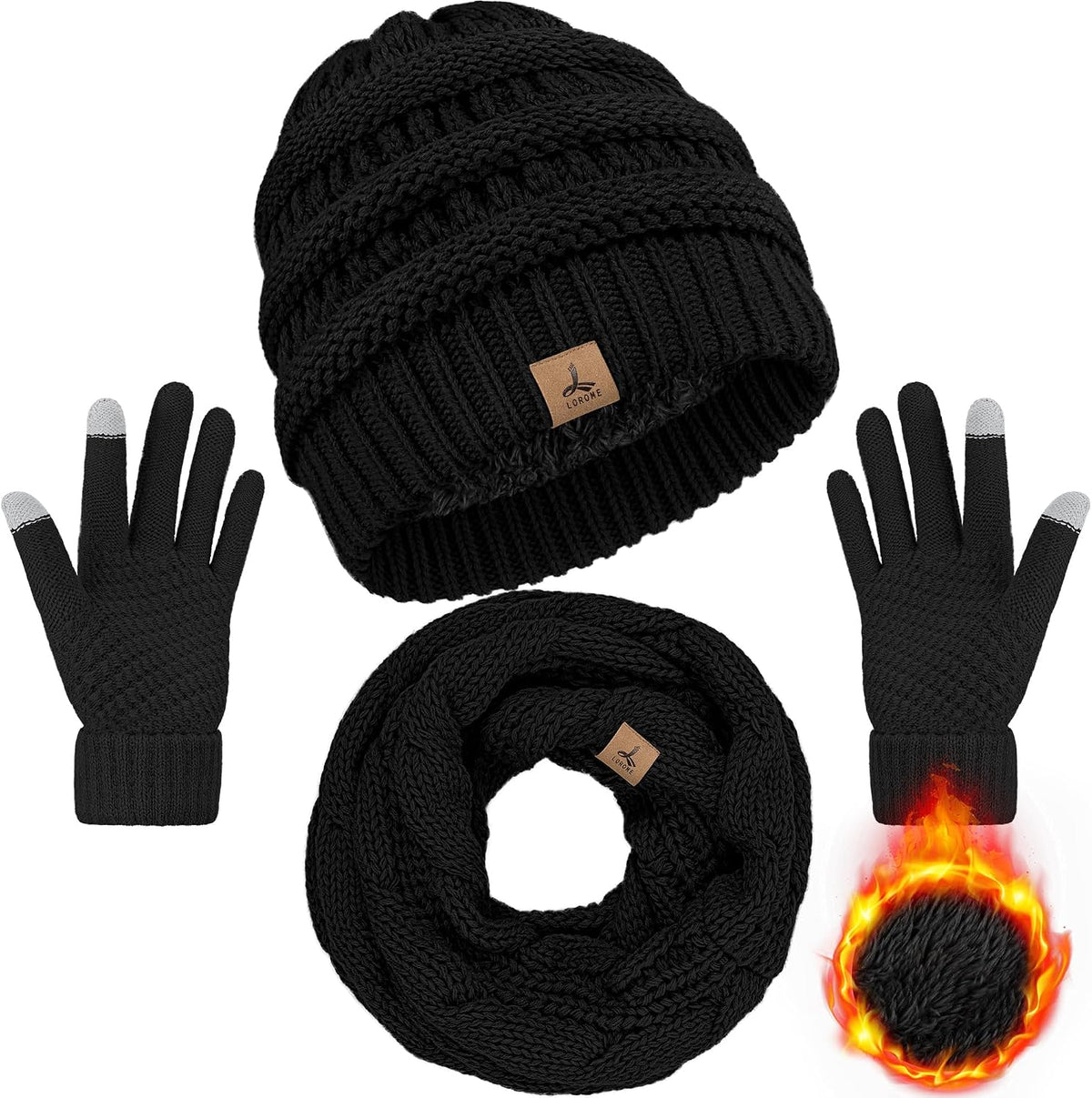 Winter Beanie Hat Scarf, Warm Fleece Knit Hats Touch Screen Gloves Neck Scarf Set Winter Gifts for Unisex Adult ( gloves not included)