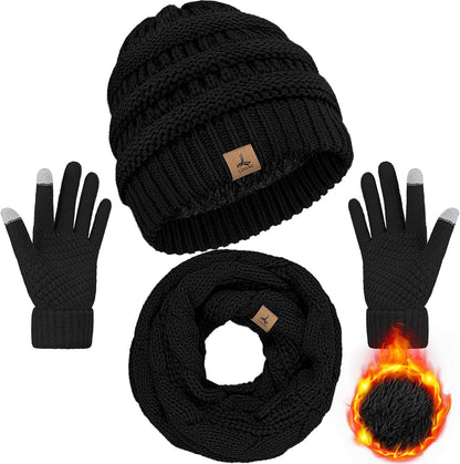 Winter Beanie Hat Scarf, Warm Fleece Knit Hats Touch Screen Gloves Neck Scarf Set Winter Gifts for Unisex Adult ( gloves not included)