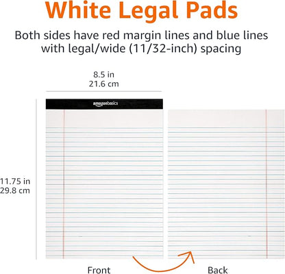 Basics Wide Ruled Lined Writing Note Pads for Office Supplies, 8.5" x 11.75", White, 12-Pack of 50 Perforated Sheets