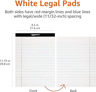 Basics Wide Ruled Lined Writing Note Pads, 8.5 inch x 11.75 inch, White, 12 Count (12 Pack of 50)
