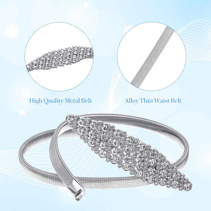 Rhinestone Belt for Formal Dress Silver Elastic Adjustable Thin Metal Belts, Skinny Ladies Belt for Women Dresses Wedding Party Formal Occasions(29–33 Inches)