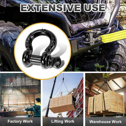 12" D Ring Shackles with 78" Screw Pin, 26,400 lbs Break Strength, Heavy Duty Clevis Shackles (Black) for Jeep, Truck, SUV, Trailer, ATV, UTV(2pcs)