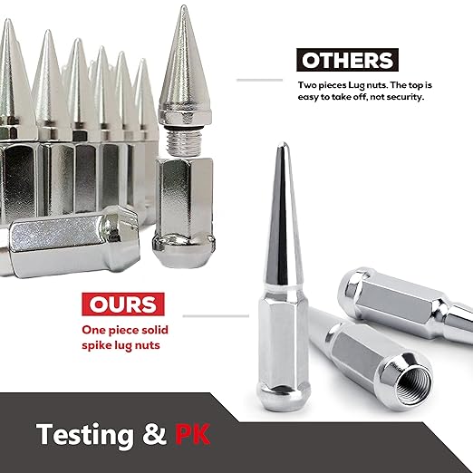 14 mm x 1.5 Wheel Spike Lug Nuts, 4 x Silver M14x1.5 Lug Nut, ConeConical Bulge Seat, Dynofit Silver Closed End Nuts for Che-vy Silverado Aftermarket Wheel