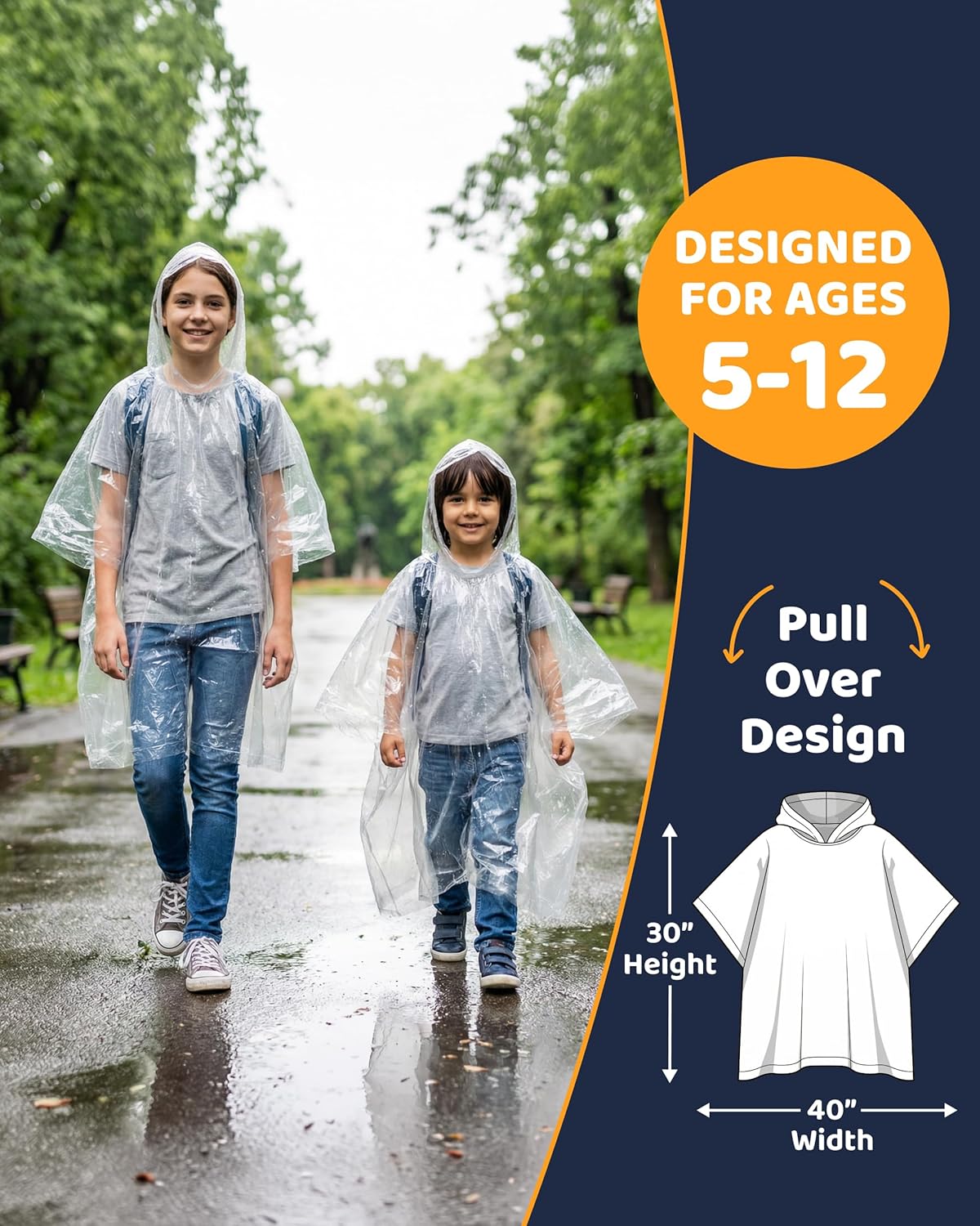 Hagon PRO Disposable Rain Poncho for Kids with Hood (5 Pack) Lightweight, Waterproof, Toddler Rain Coat, Emergency Ponchos, Travel & Theme Parks