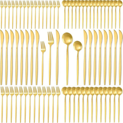 84 Pcs Gold Silverware Set, 18 Set Flatware Cutlery for 5 Golden Stainless Steel Utensils Includes Forks Knives and Spoons for Kitchen Restaurant Home(Gold Handle)