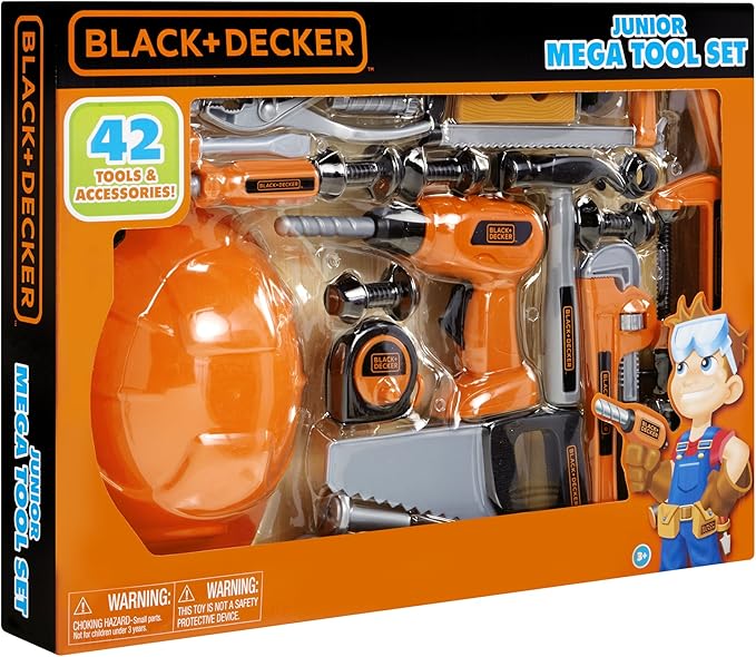 BLACKDECKER Junior Kids Tool Set - Mega Tool Set with 42 Tools  Accessories! Role Play Tools for Toddlers Boys  Girls Ages 3 Years Old and Above, Includes Helmet! (58505)