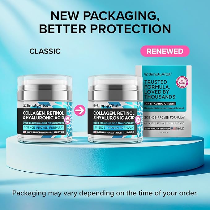 SimplyVital Collagen, Retinol  Hyaluronic Acid Cream - Anti-Aging Face Moisturizer for Face, Neck  Decollete - Made in USA, Daily Moisturizer Face Cream - 1.7 fl.oz.