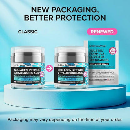 SimplyVital Collagen, Retinol  Hyaluronic Acid Cream - Anti-Aging Face Moisturizer for Face, Neck  Decollete - Made in USA, Daily Moisturizer Face Cream - 1.7 fl.oz.