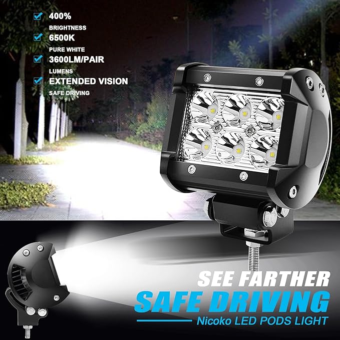 Nicoko 18W LED Light Pods 2PCS Led Off Road Spotlight 1800LM Super Bright Driving Light Led Work Light for Trucks, IP68 Waterproof
