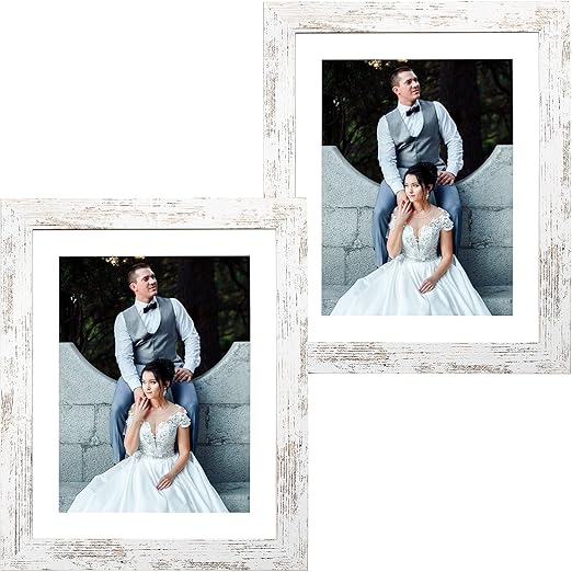 Capcillin 8x10 Picture Frame Wood Patten Distressed White Set of 2, Each Frame with Mat,Display 8x10 Picture Without mat or 5x7 Photos with Mat Wall Decor Table Top(CP001-MD8x10RW)