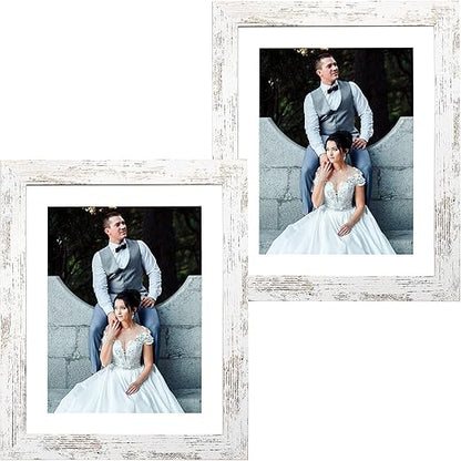 Capcillin 8x10 Picture Frame Wood Patten Distressed White Set of 2, Each Frame with Mat,Display 8x10 Picture Without mat or 5x7 Photos with Mat Wall Decor Table Top(CP001-MD8x10RW)