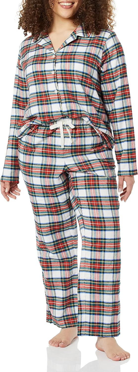 Essentials Women's Flannel Long-Sleeve Button Front Shirt and Pant Pajama Set.