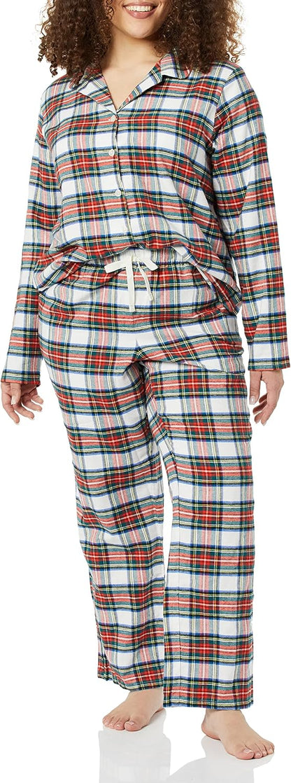 Essentials Women's Flannel Long-Sleeve Button Front Shirt and Pant Pajama Set.