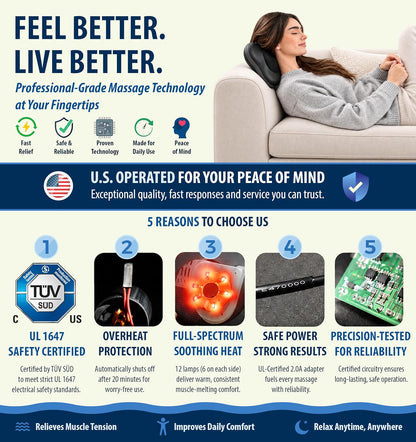 Shiatsu Back and Neck Massager with Heat - 3D Electric Kneading Deep Tissue Massage Pillow for Muscle Pain Relief, Black