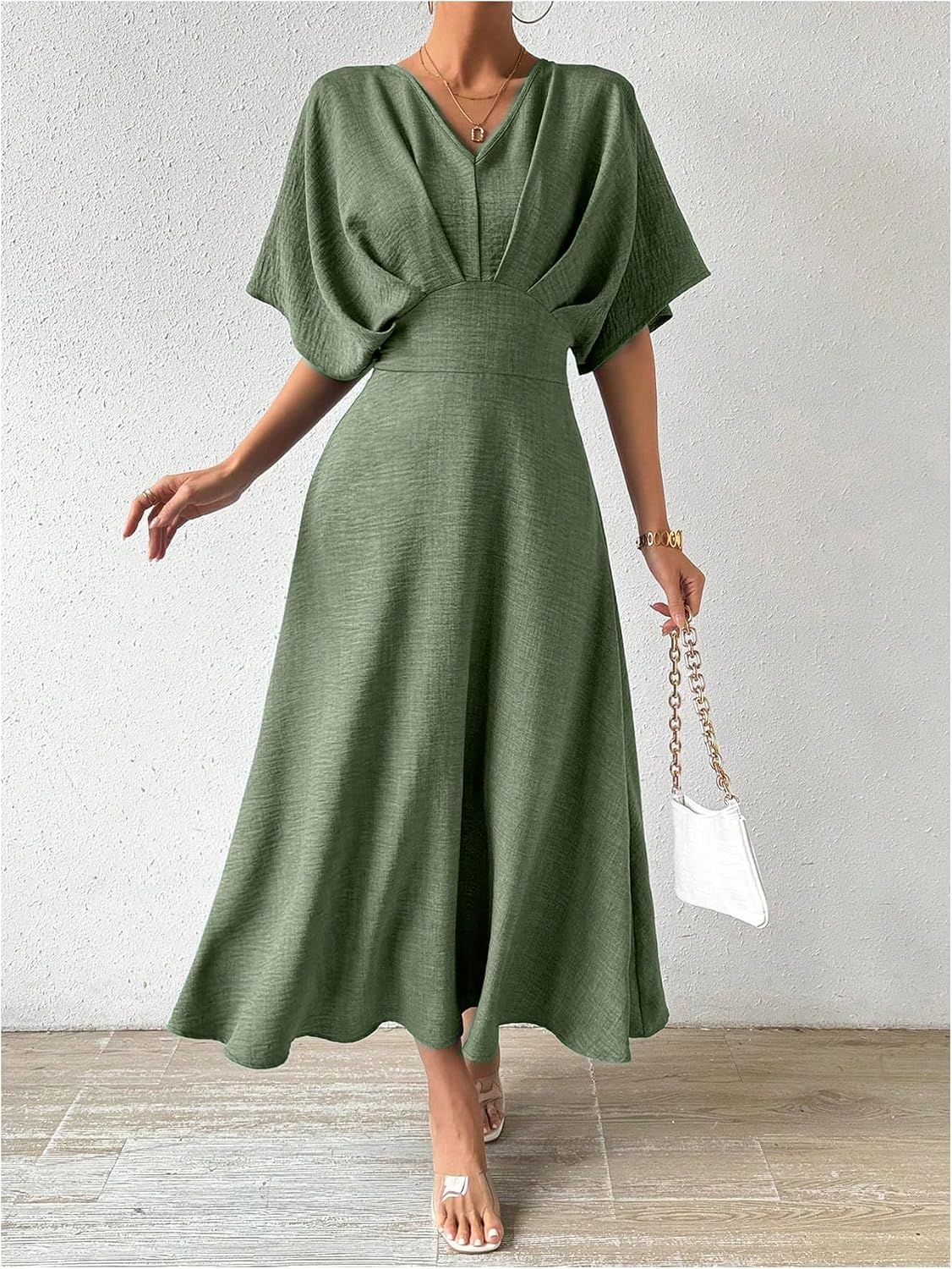 Small Not Medium Floerns Women's V Neck Half Sleeve Dress Pleated Ruffle A Line Elegant Maxi Dresses Green