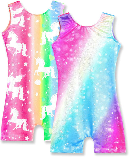 Soft, stretchy gymnastics leotards for girls in 2-pack with unicorn, rainbow, and fun designs for dance, gymnastics, or play.