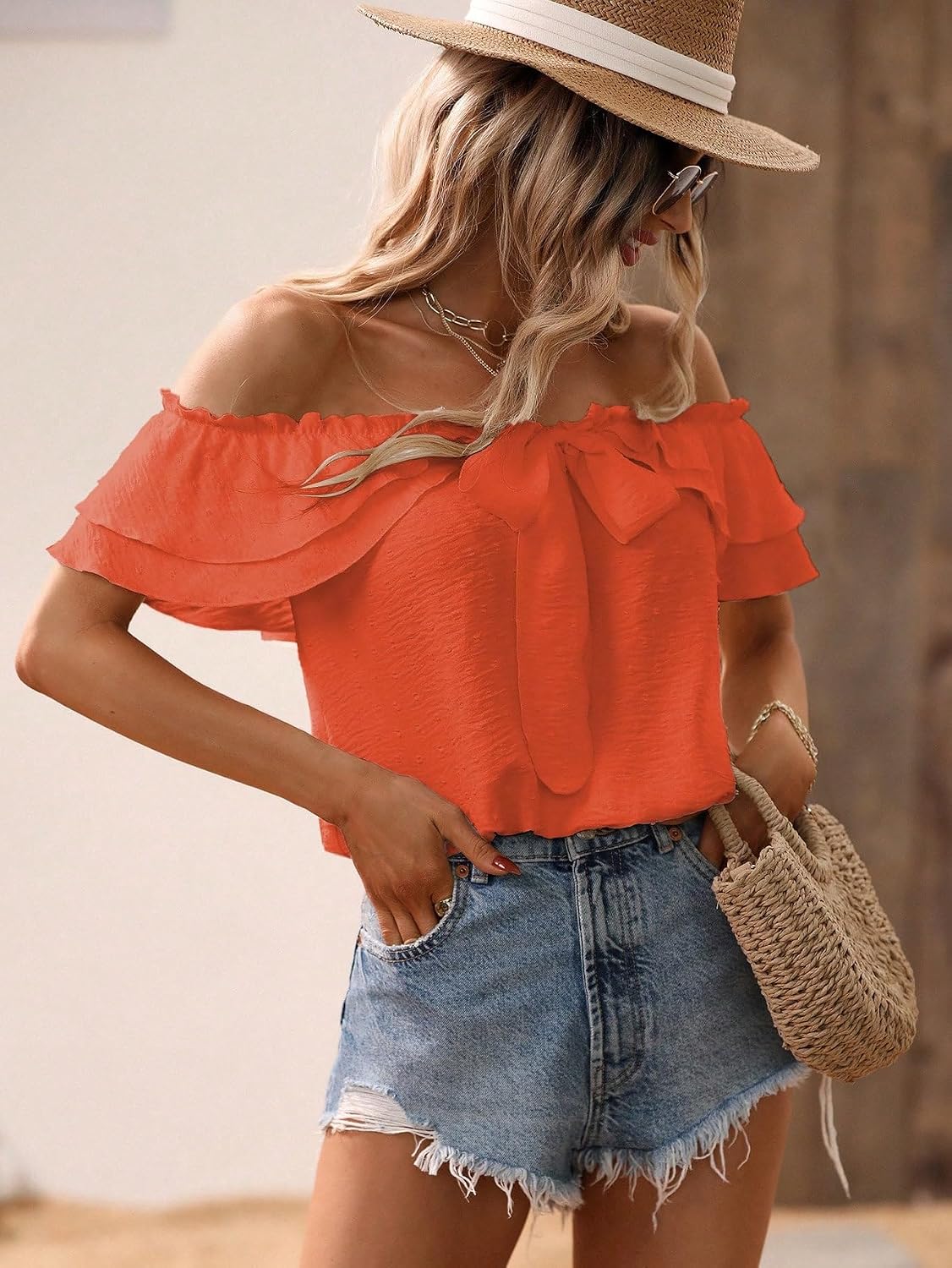 SweatyRocks Women's Off Shoulder Ruffle Trim Knot Front Blouse Tiered Layer Butterfly Short Sleeve Chiffon Tops Summer