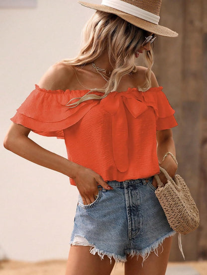 SweatyRocks Women's Off Shoulder Ruffle Trim Knot Front Blouse Tiered Layer Butterfly Short Sleeve Chiffon Tops Summer