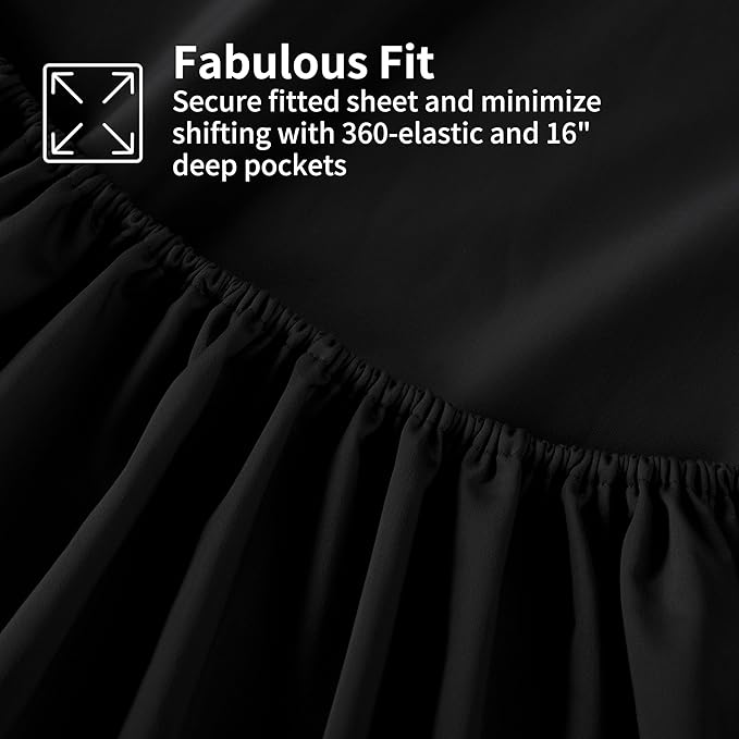 Zaizaihome 600 Thread Count Fitted Sheet Queen Size, 100 Egyptian Cotton, 3-Piece Set (1 Fitted Sheet, 2 Pillowcases), Sateen Weave, Ultra Soft Breathable,16" Deep Pocket Bed Sheet, Black