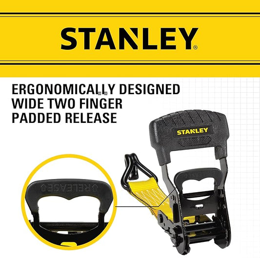 STANLEY S1007 Black/Yellow 1.5" x 16' Ratchet Tie Down Straps - 1,100 lb Safe Working Load / 3,300 lb Break Strength, 2 Pack