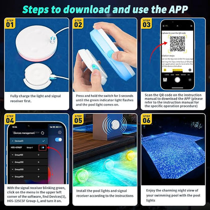 Pool Lights for Above/In Ground Pools Only , Portable Smart Magnetic Underwater IP68 Waterproof LED Light Rechargeable