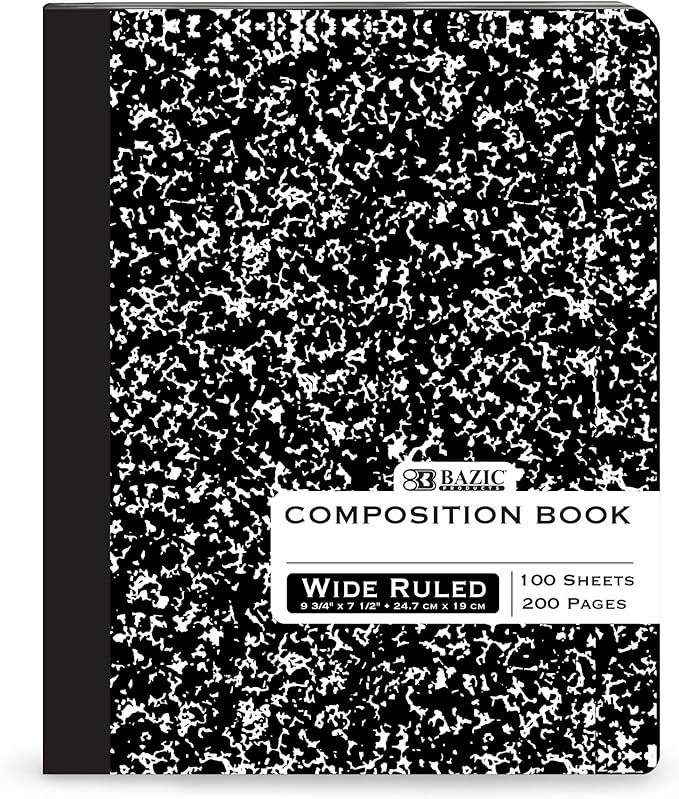 BAZIC Composition Book Wide Ruled 100 Sheet Black Marble Notebook, Writing Journal Comp Lined Notebooks for School, 1-Pack