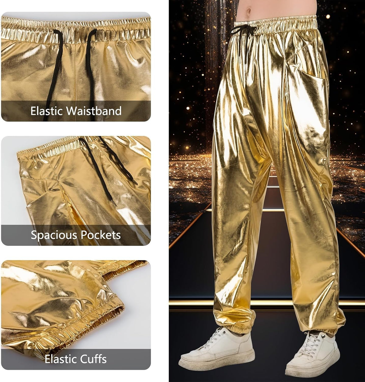 Mens Metallic Pants Disco Outfit Drawstring Waistband Rave Trousers Sequin Joggers with Pockets