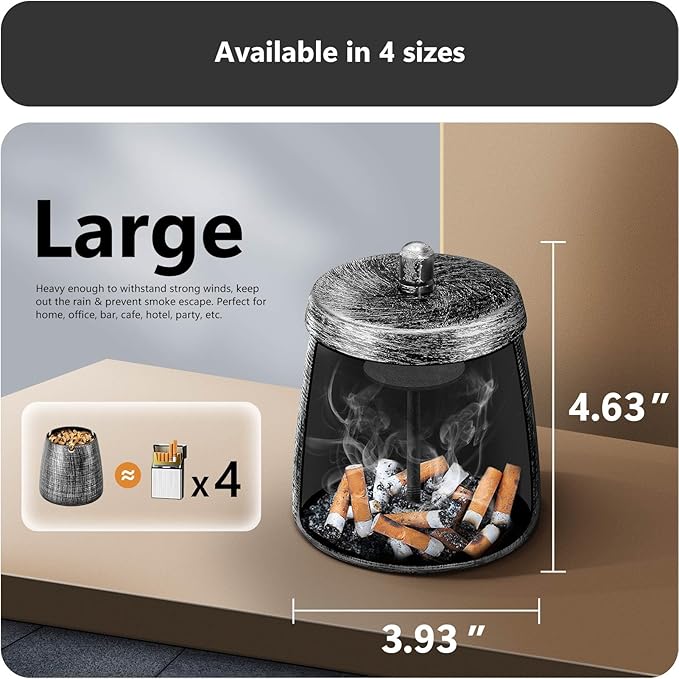 roygra Ashtray with Lid, Windproof Smokeless Odorless Metal Tabletop Ash Tray for Outdoor Indoor Home Office Patio Balcony Decoration  Blue, Large (4.63 x 3.93 x 3.93)