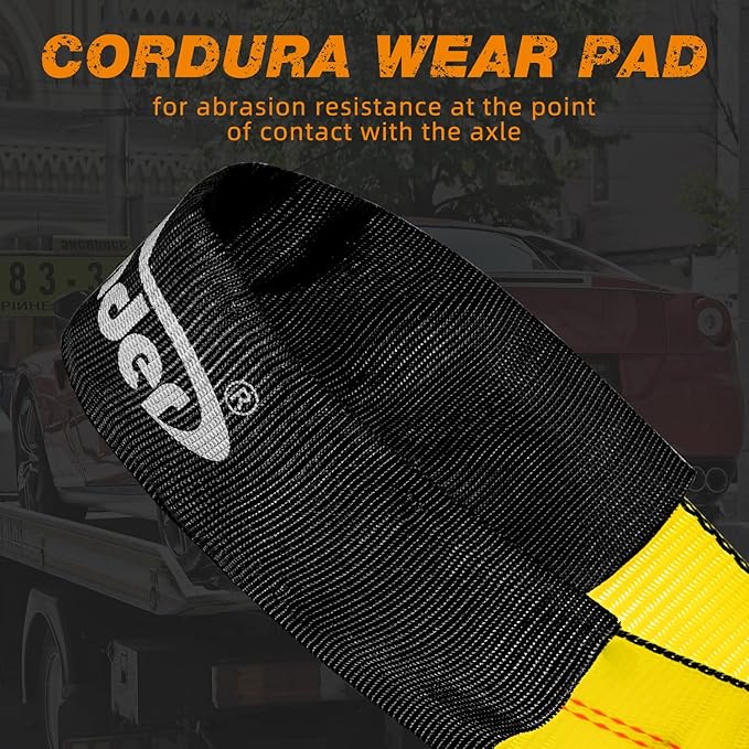 4 Pack 2 Heavy Duty Car Ratchet Tie Down Kit with Snap Hooks-Break Strength 10,000lbs-Working Load 3,333lbs-Includes 36 Axle Straps with D-Ring(Yellow)