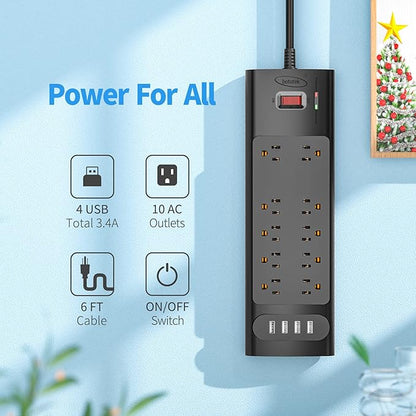 Power Strip, Bototek 6ft Surge Protector with 10 AC Outlets and 4 USB Ports,1875W/15A, 2100 Joules, 6 Feet Long Extension Cord for Home, Office, Dorm Essentials, 2100 Joules