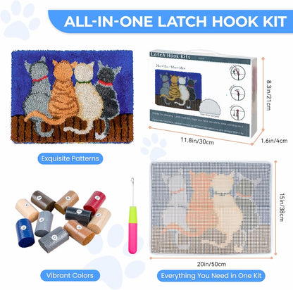 Latch Hook Rug Kit DIY Crochet Carpet for Beginners, Cats Patterns Pre-Printed Canvas Yarn Rug Hooking Kits, Creative Craft Home Decor Ideal for Learning Rug Making, Blue