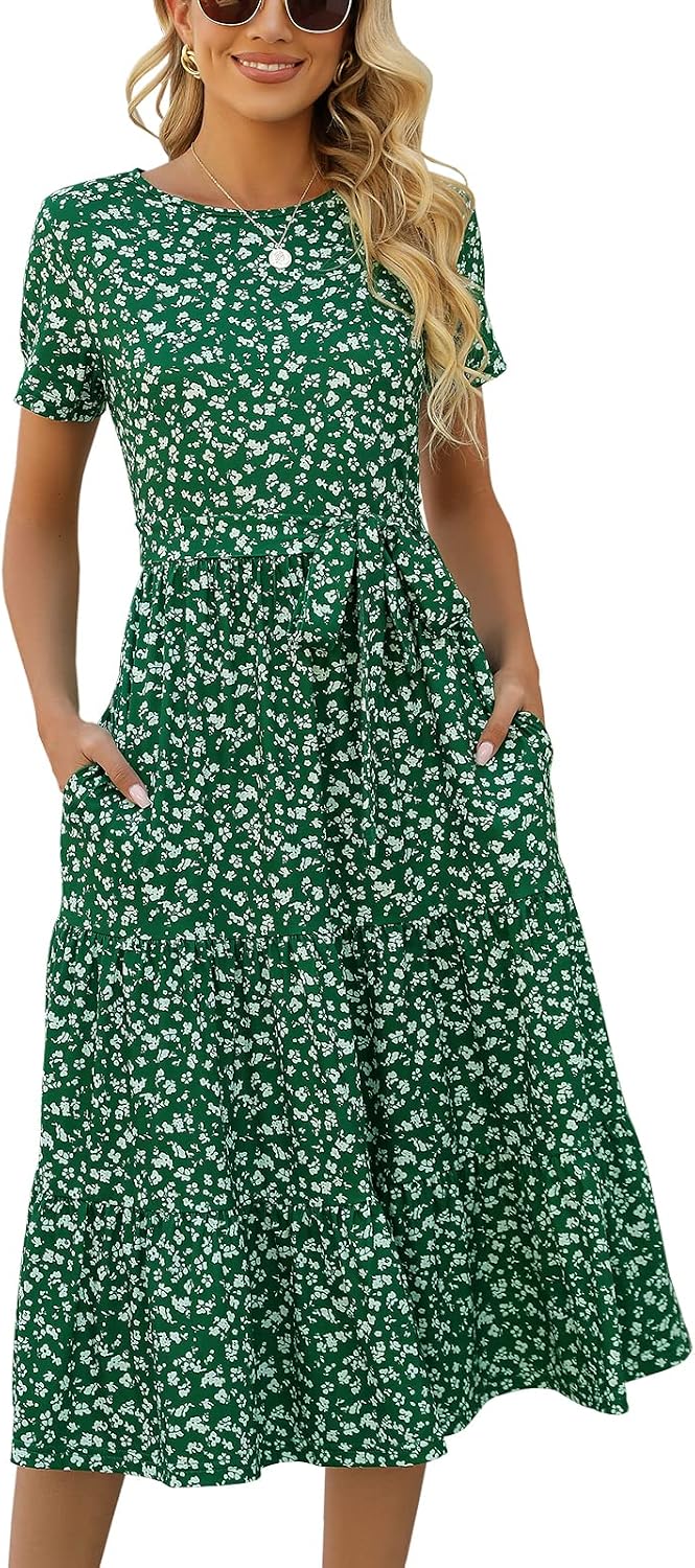 Women's Dresses Casual Summer Tiered Midi Dress Short Sleeve Belted Ruffle Babydoll Boho Sundress with Pockets