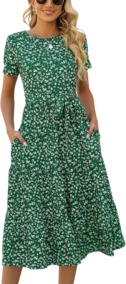 Women's Dresses Casual Summer Tiered Midi Dress Short Sleeve Belted Ruffle Babydoll Boho Sundress with Pockets