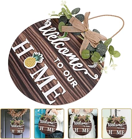 LUOZZY Wooden Welcome to Our Home Hanging Sign for Front Door Interchangeable Farmhouse Welcome Sign Rustic Wooden Hanging Sign with Changeable Ornaments