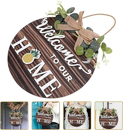 LUOZZY Wooden Welcome to Our Home Hanging Sign for Front Door Interchangeable Farmhouse Welcome Sign Rustic Wooden Hanging Sign with Changeable Ornaments