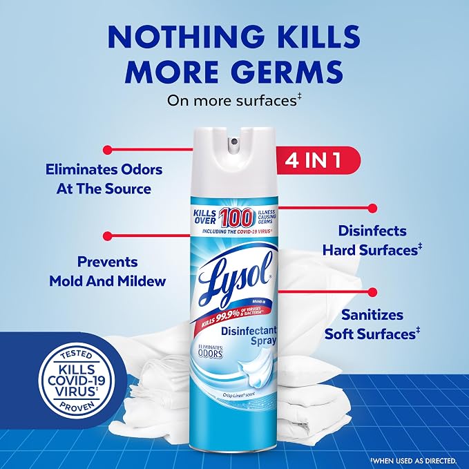 Lysol Disinfectant Spray, Sanitizer, Crisp Linen, 12.5 oz, 2 Pack Multi-Surface Disinfecting & Sanitizing Antibacterial Room Spray, Deodorizer Spray, Home & Bathroom Cleaning Supplies